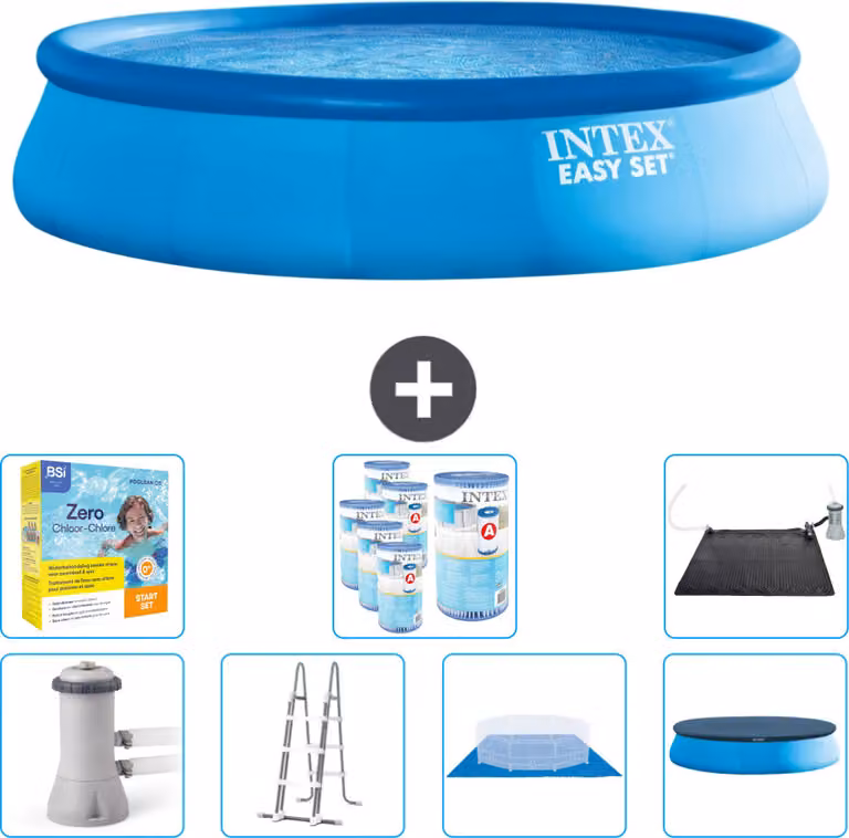 Piscina gonfiabile rotonda Easy Set di Intex - 457 x 107 cm - blu - inclusa pompa - scaletta - telo di fondo - confezione di manutenzione della copertura - filtro - tappetino solare