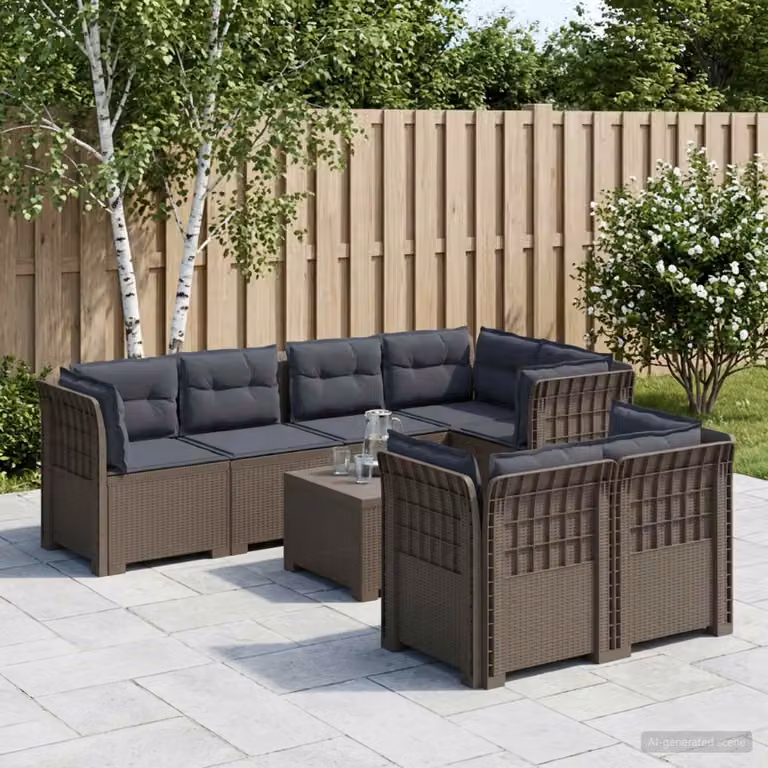 Divano da giardino a forma di U vidaXL con 7 posti, design moderno in polyrattan grigio e cuscini imbottiti resistenti ai raggi UV