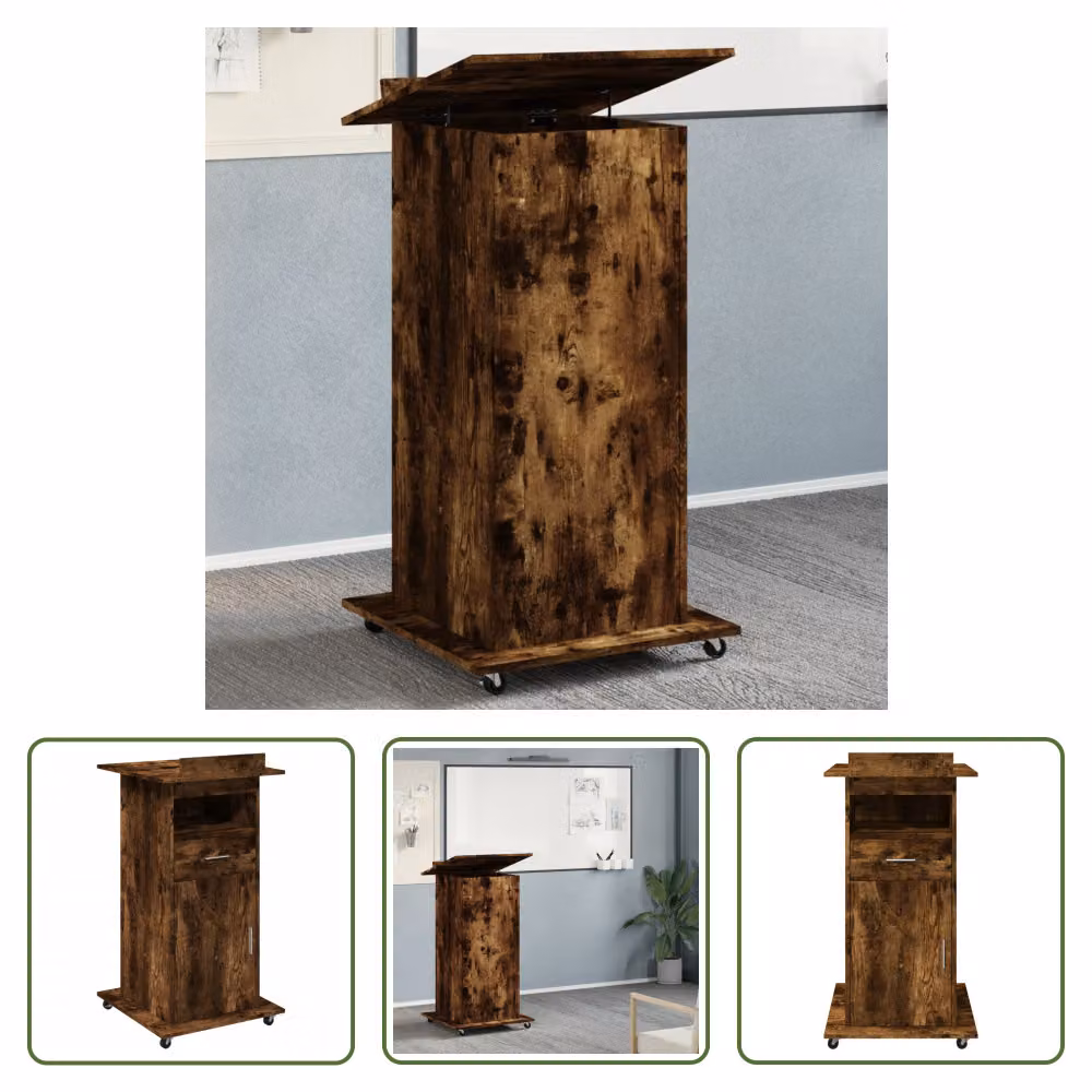 The Living Store Leggio con rotelle e cassetto in rovere fumé 55x55x107 cm