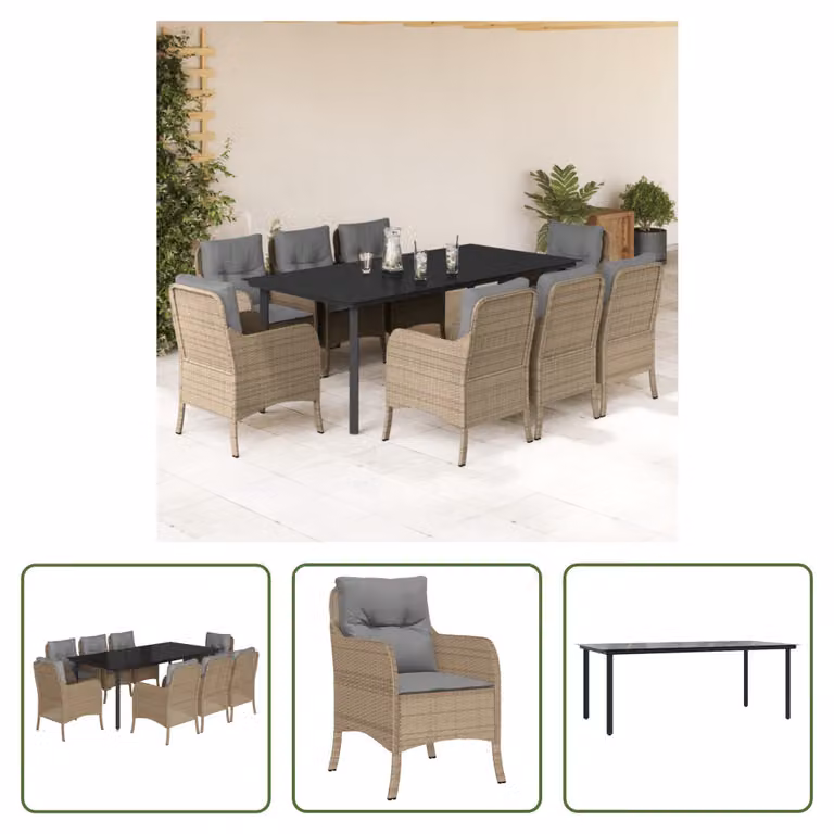 The Living Store Set da pranzo da giardino 9 pezzi con cuscini Beige poly rattan