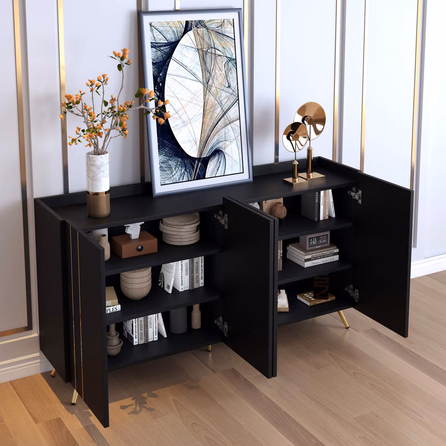 Cassettiera AIORBER, con ripiani regolabili, decorazione in metallo dorato, cerniere con chiusura ammortizzata, per cucina, soggiorno, 160x38x80cm, nero