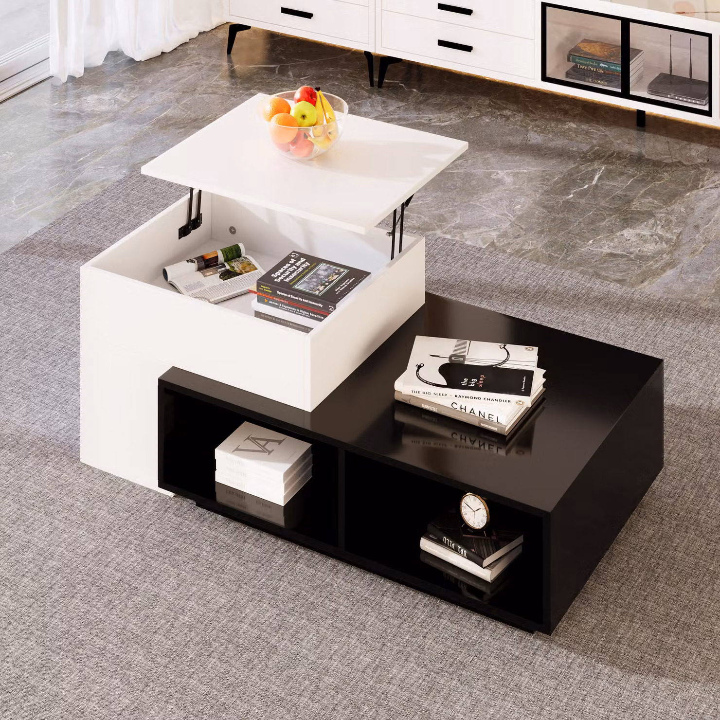 Tavolino AIORBER, regolabile in altezza, bianco e nero, robusto, con vano portaoggetti, di facile manutenzione, per la zona giorno, 90 x 60 x 28 cm, nero