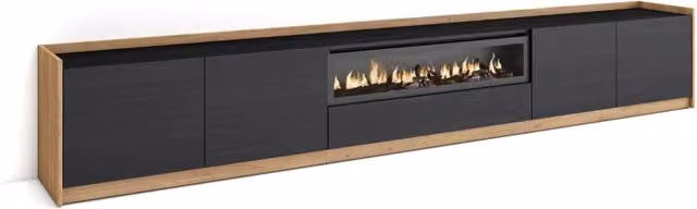 Mobile TV Soggiorno, 310x50x37 cm, Per TV fino a 80", Camino elettrico, Nero e rovere