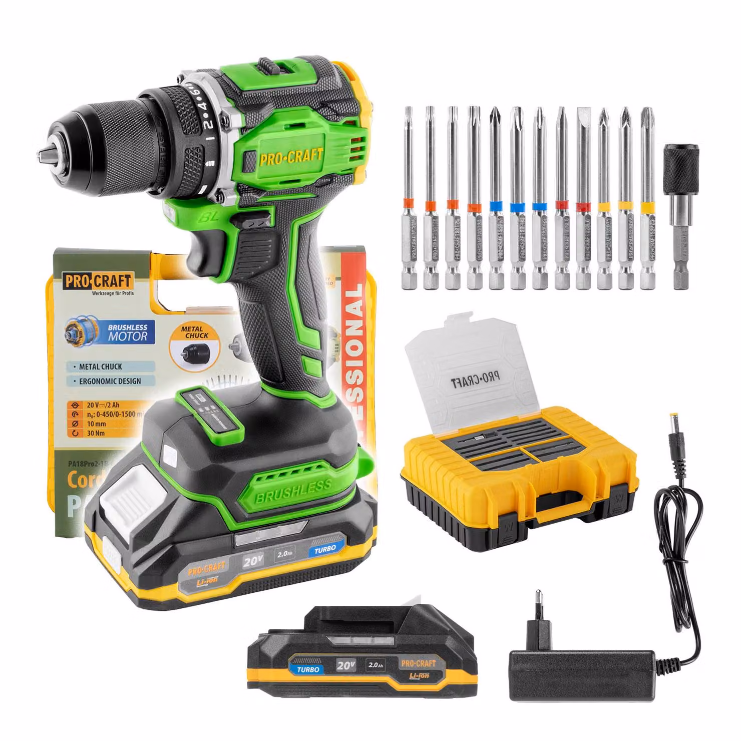 Procraft PA18Pro2-1B-C Trapano avvitatore a batteria 20 V 30 Nm Brushless + 1x batteria 2,0 Ah + caricabatterie + set di 13 punte + valigetta