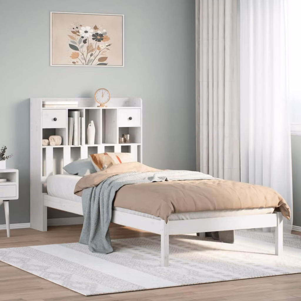 Letto con libreria vidaXL in legno di pino bianco con ripiani laterali L 90 cm x P 200 cm
