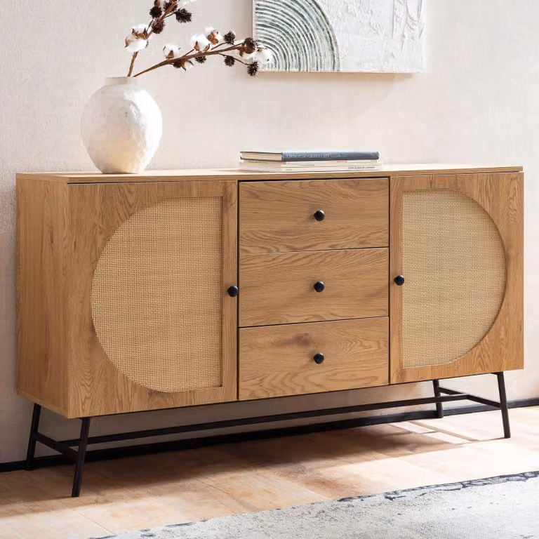 Credenza in rovere (finitura) da 140 cm con 2 ante e 3 cassetti, in intreccio di rattan viennese
