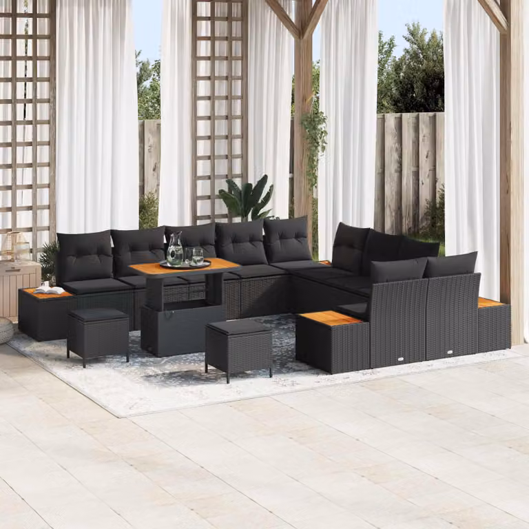 Set Divano da Giardino vidaXL 13 Pezzi con Cuscini e Tavolino Nero