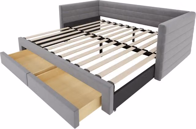 Letto imbottito multifunzione 3-in-1 con divano estraibile 90x190 cm, con cassetti, struttura in cotone e lino grigio