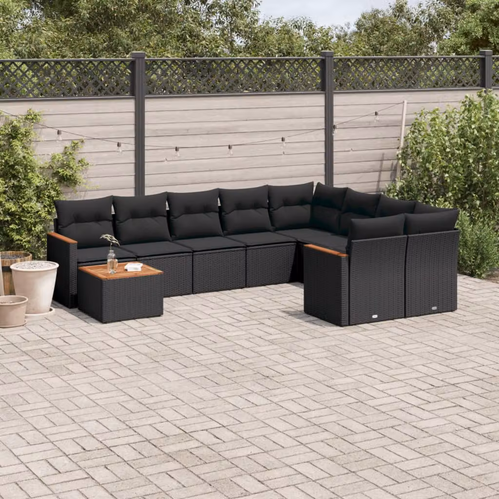 vidaXL Set Divani da Giardino 10 Pezzi in Polyrattan Nero con Cuscini e Tavolino da Esterno – 1