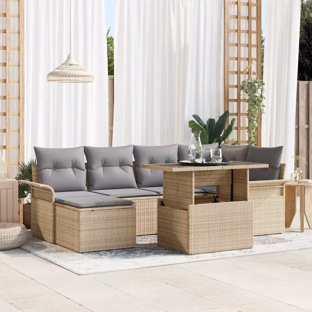 Set Divano da Giardino vidaXL a Forma di L in Poly Rattan Beige con 7 Pezzi e Cuscini Inclusi – 1