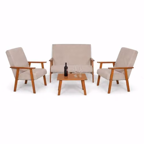 MA MAISON Set Salottino da Giardino in Legno Tabacco - Divano, Poltrone, Tavolo, in Tessuto, Imbottito, Braccioli, da Arredo, per Soggiorno, Terrazza, Resistente, Moderna - Made in Italy (Beige)