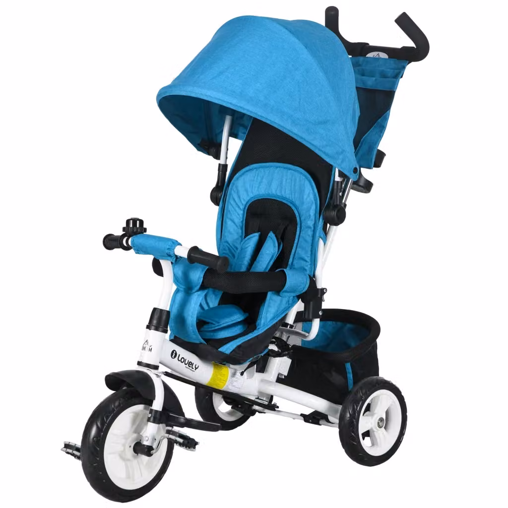 Triciclo per bambini XYLO in metallo blu con canopy, maniglia di spinta, cestino e portabicchiere – 2