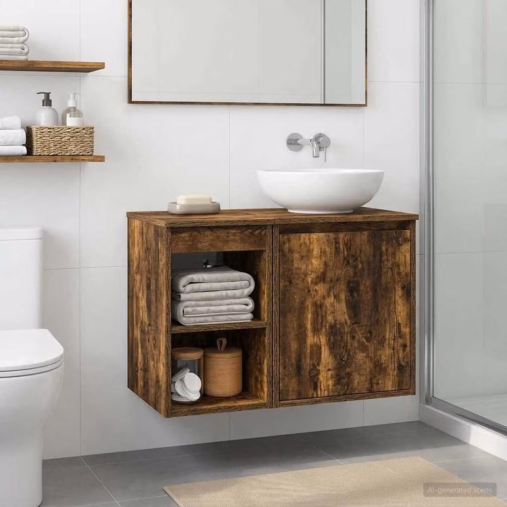 Armadio da bagno moderno vidaXL In-between in rovere fumo con ripiani interni e ante a battente, L: 30 cm, P: 35 cm, H: 50 cm