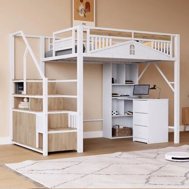 Letto a soppalco in metallo 140x200 cm bianco con barriera di sicurezza; scala e contenitore