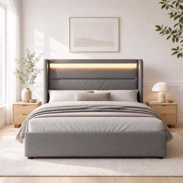 Letto contenitore Mivray con testiera LED e telecomando, rivestimento in similpelle grigio, L/P/H: 140 x 200 x 107,5 cm