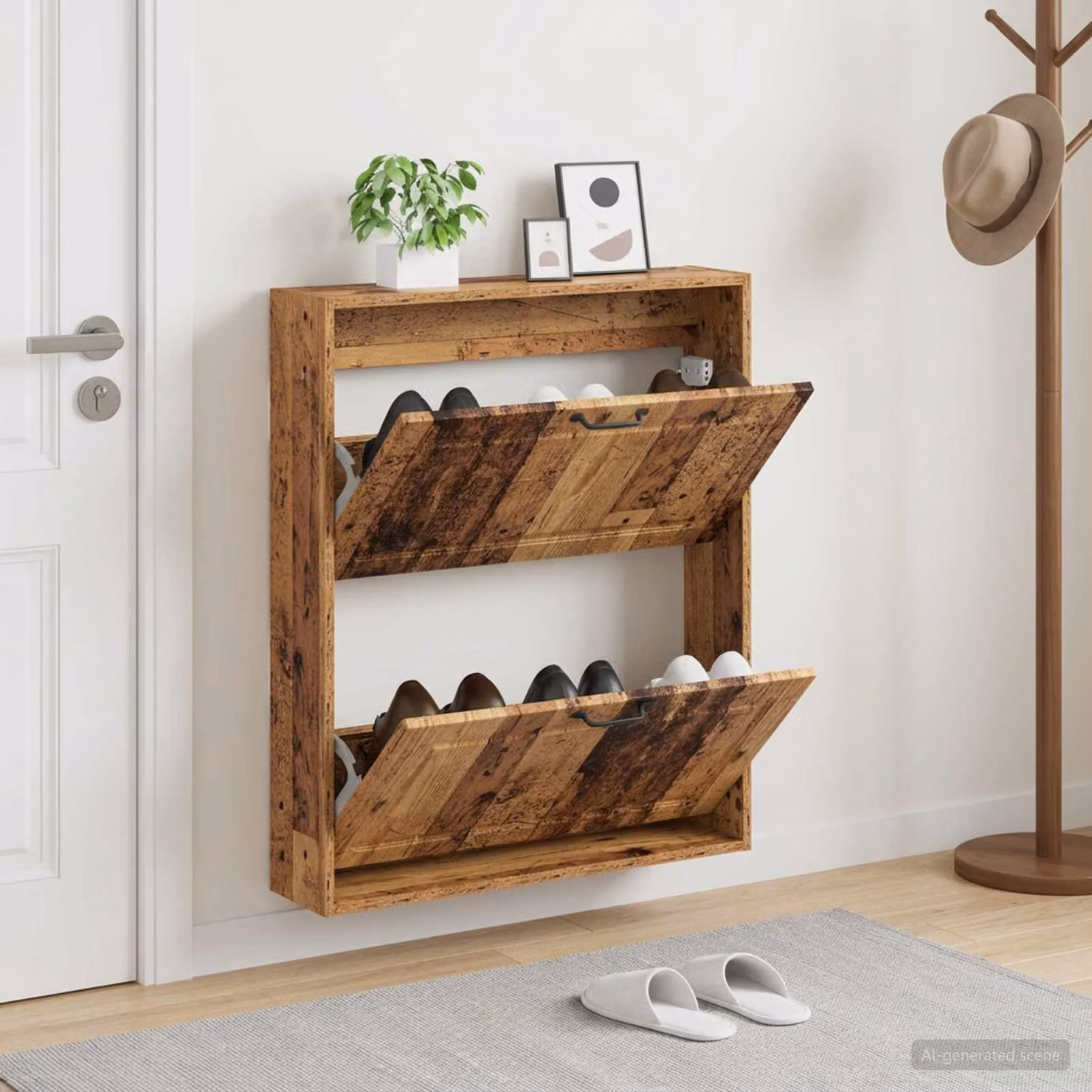 Mobiletto per scarpe da muro moderno vidaXL UTRECHT in legno e metallo, marrone e nero, L: 71 cm, P: 17 cm, H: 86 cm