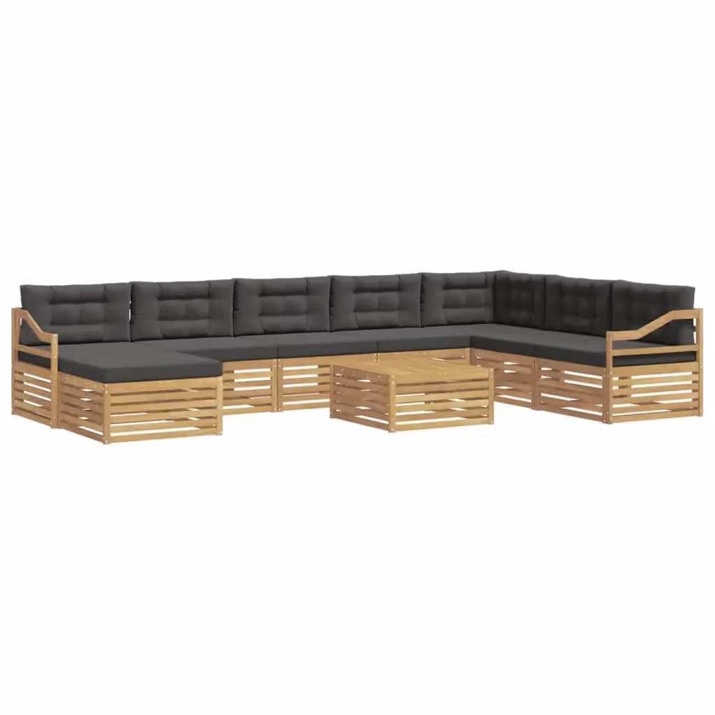 Set di divani da esterno a L con tavolo e pouf vidaXL, colore bianco e antracite, in legno di acacia e poliestere – 2
