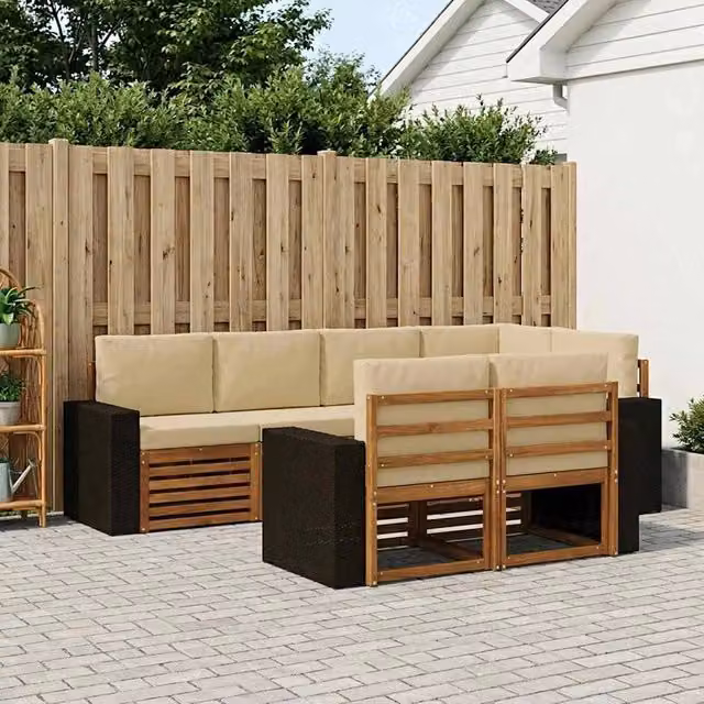 Set di divani da esterno vidaXL a forma di L composto da 7 pezzi in legno di acacia e tessuto beige resistente ai raggi UV – 1