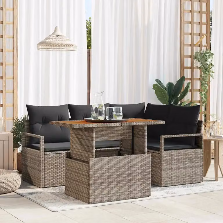 Set Divano da Giardino vidaXL 5 Pezzi Grigio con Cuscini e Tavolino da Esterno in Rattan e Metallo