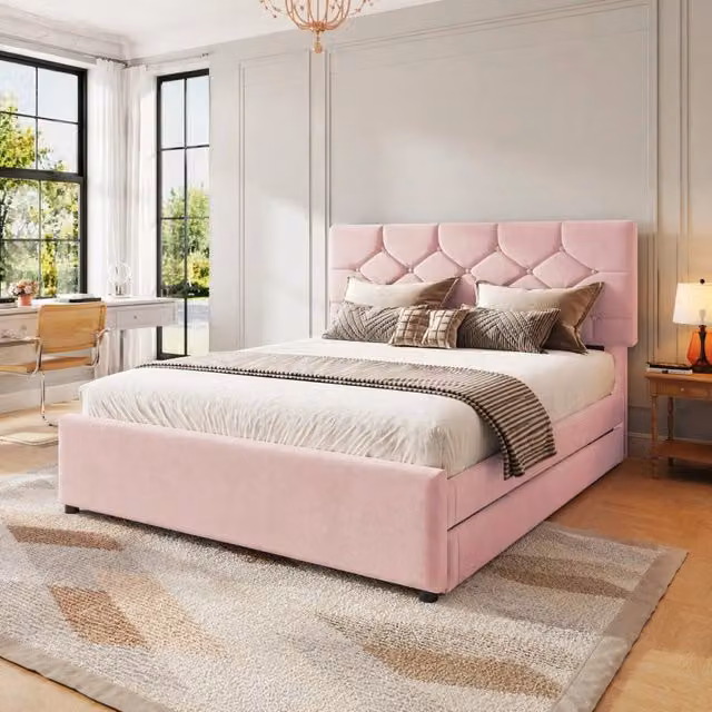 Letto imbottito 140 × 200 cm con rete a doghe e letto estraibile in velluto rosa con testiera capitonné