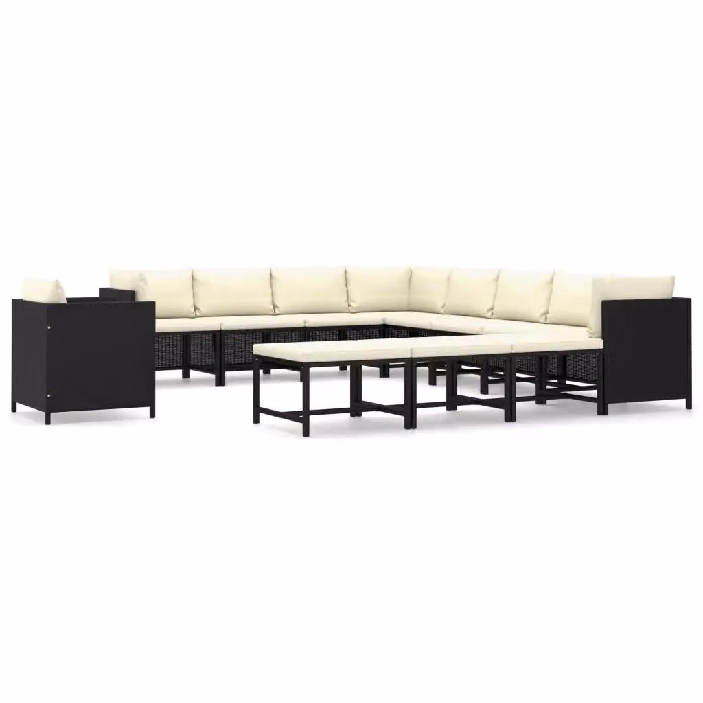 vidaXL Set Divani da Giardino a Forma di U con Cuscini, Polyrattan e Struttura in Acciaio Verniciato a Polvere, Nero e Bianco – 2