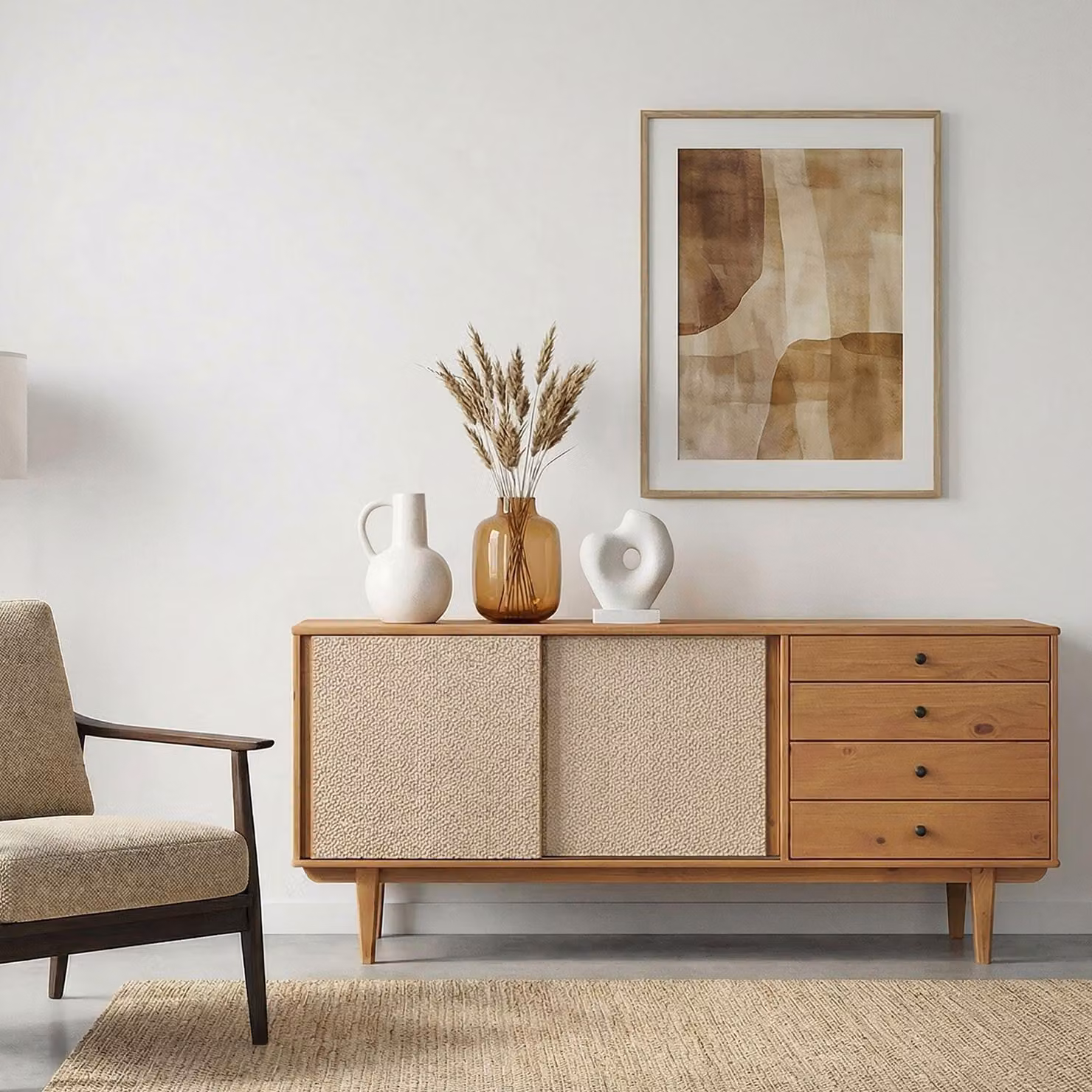 Credenza SIMONA con intreccio in rattan 175 cm, effetto rovere - 4 cassetti e 2 ante scorrevoli, cassettiera da ingresso con ripiano, soggiorno