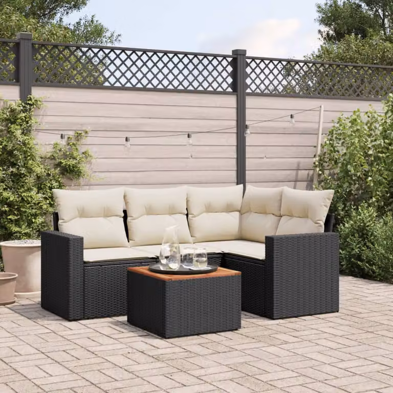 Set di divani da giardino vidaXL 5 pezzi in polyrattan nero con cuscini e tavolino da esterno a forma di L