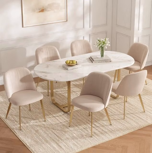 Set di 6 sedie da pranzo in velluto beige con gambe in ferro dorato