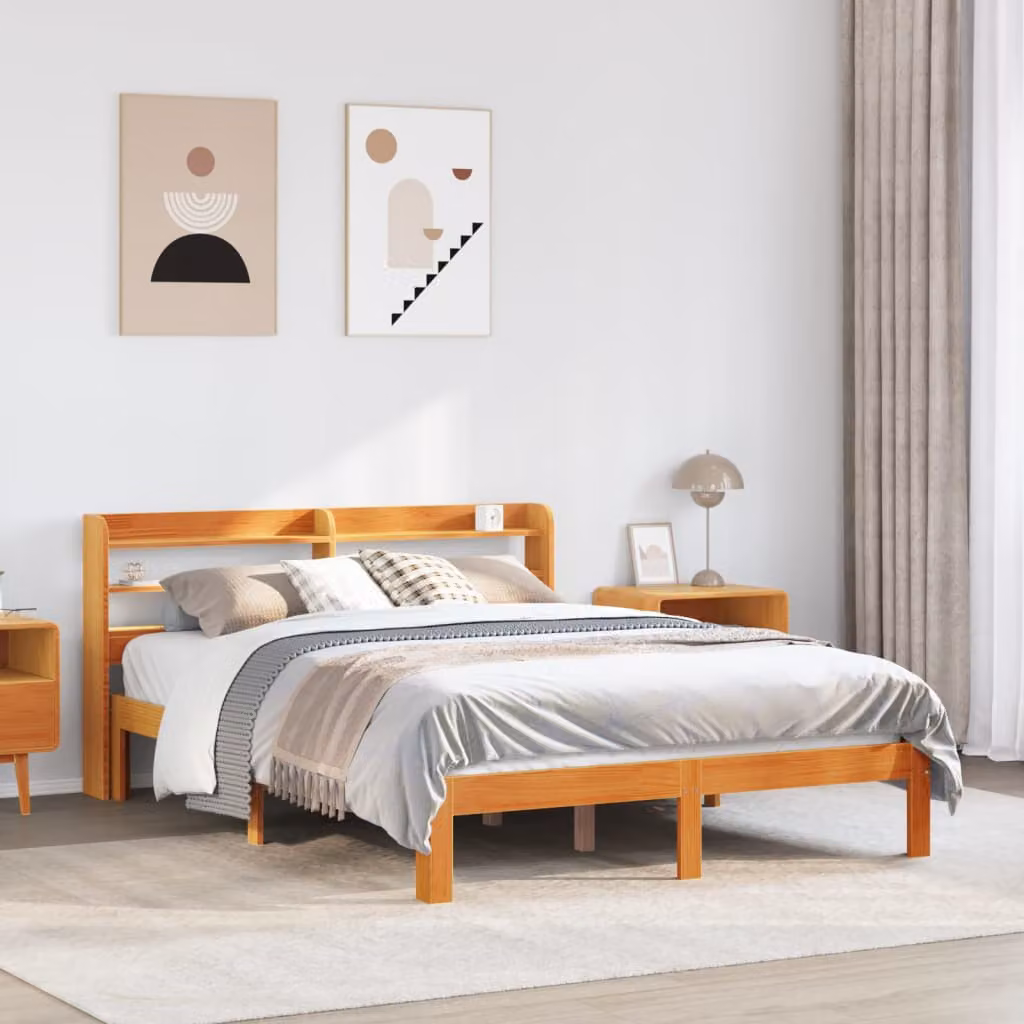 Letto in legno di pino massello vidaXL stile rustico marrone cerato con ripiani laterali L: 145 cm, P: 206 cm, H: 82 cm