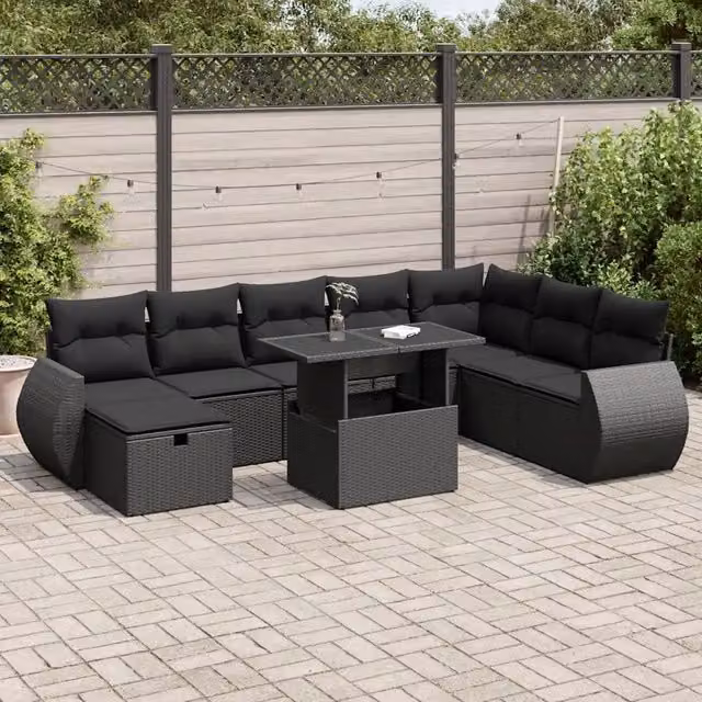 Set Divani da Giardino 9 pz con Cuscini Nero in Polyrattan 3327915