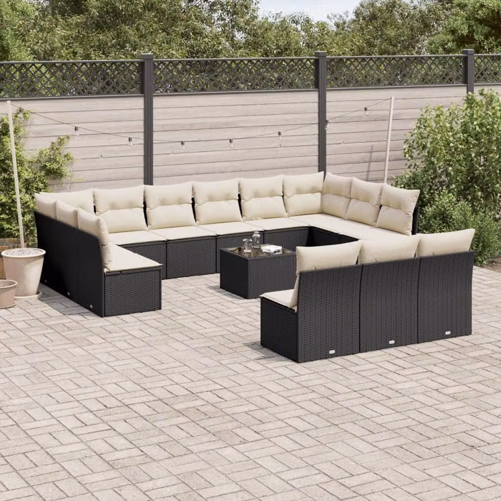 Set di Divani da Giardino vidaXL 14 Pezzi in Polyrattan Nero con Cuscini e Tavolino da Esterno a Forma di U – 1