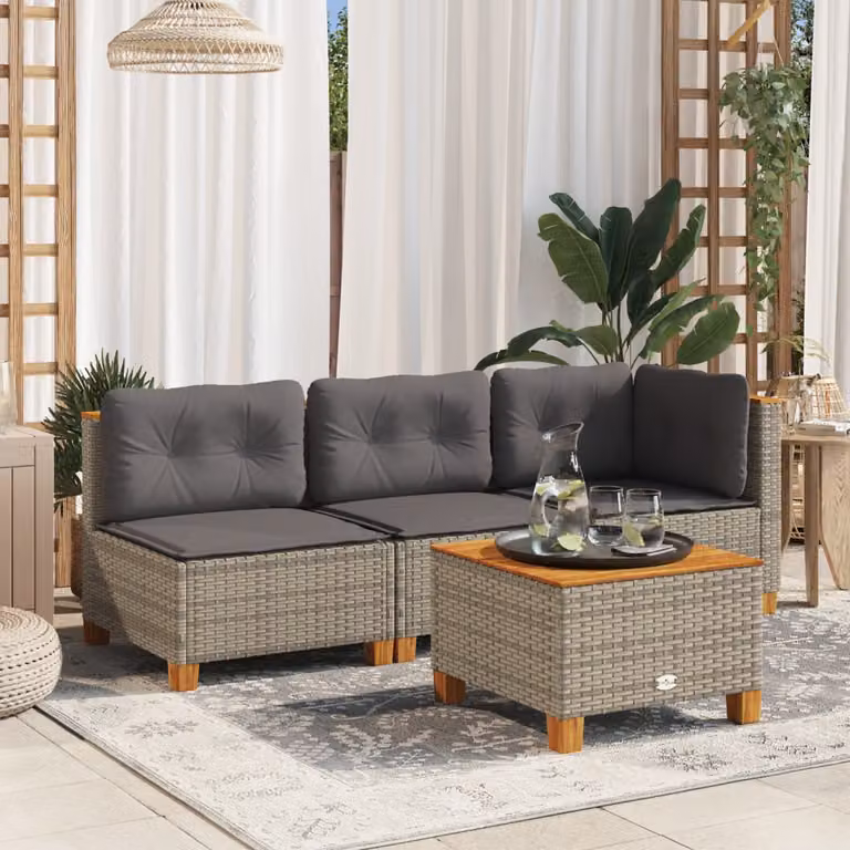 vidaXL Divano da Giardino a L in Polyrattan Grigio con Cuscini e Struttura in Legno di Acacia