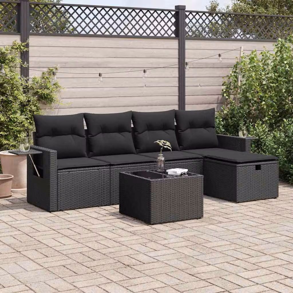 Set Divano da Giardino vidaXL 6 pz a L con Cuscini Nero in Polyrattan e Struttura in Acciaio