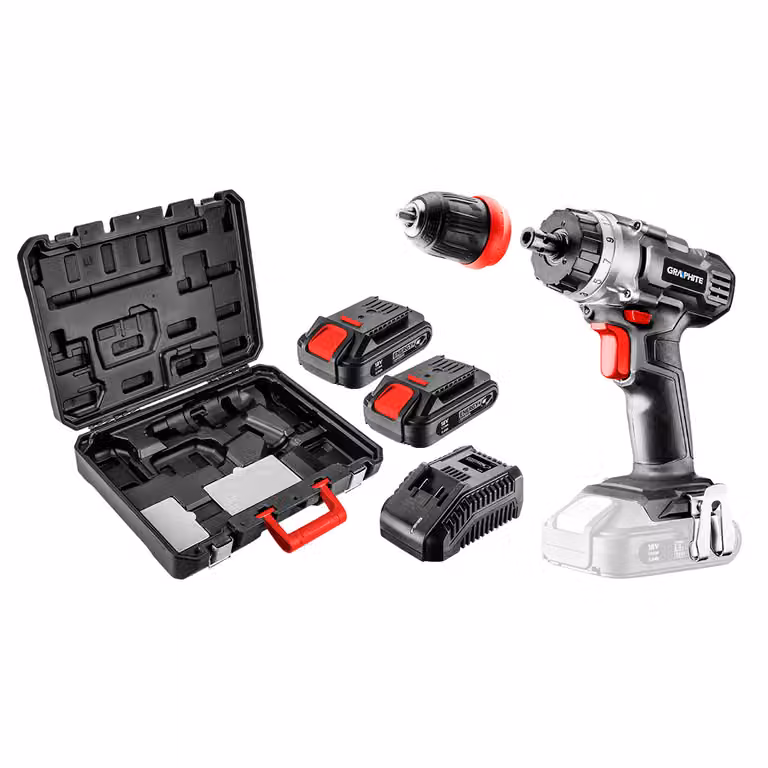 GRAPHITE ENERGY+ SET 18V trapano/avvitatore a batteria, Li-Ion, mandrino, batteria da 2Ah, caricabatterie, valigetta di trasporto (58G022-SET2)