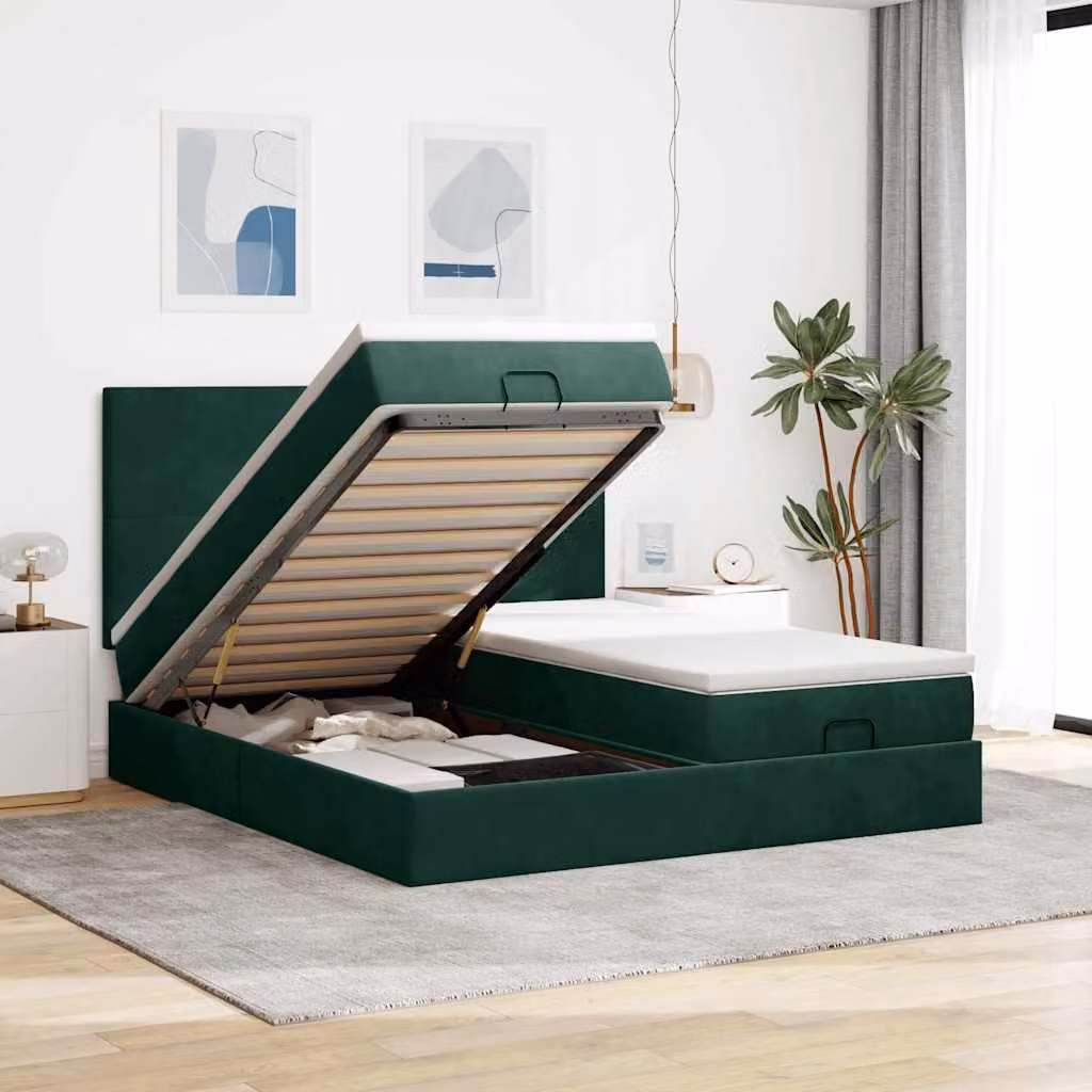 Letto con contenitore a sollevamento vidaXL in velluto verde e bianco con materassi L/P/H: 200 x 200 x 128 cm