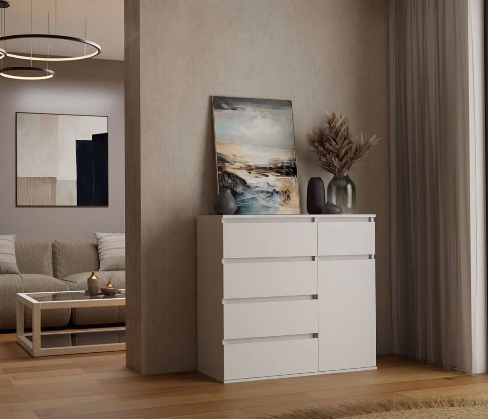 Comodino moderno, 1 anta, 5 cassetti, design funzionale