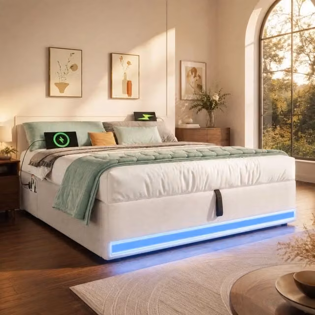 Letto contenitore Mivray in tessuto beige con illuminazione LED, porte USB e Type-C, L/P/H: 140 x 200 x 32 cm