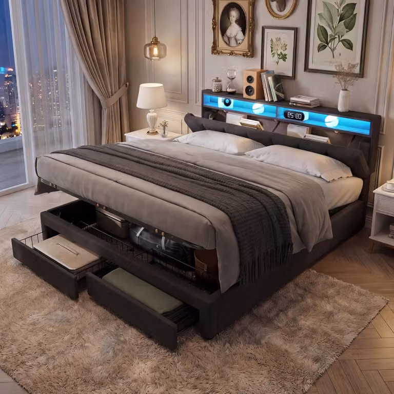 Letto con boxspring, imbottito, 180x200 cm, con LED, contenitore a sollevamento idraulico, 2 cassetti, struttura letto contenitore con rete a molle, letto matrimoniale, tessuto in lino, colore grigio