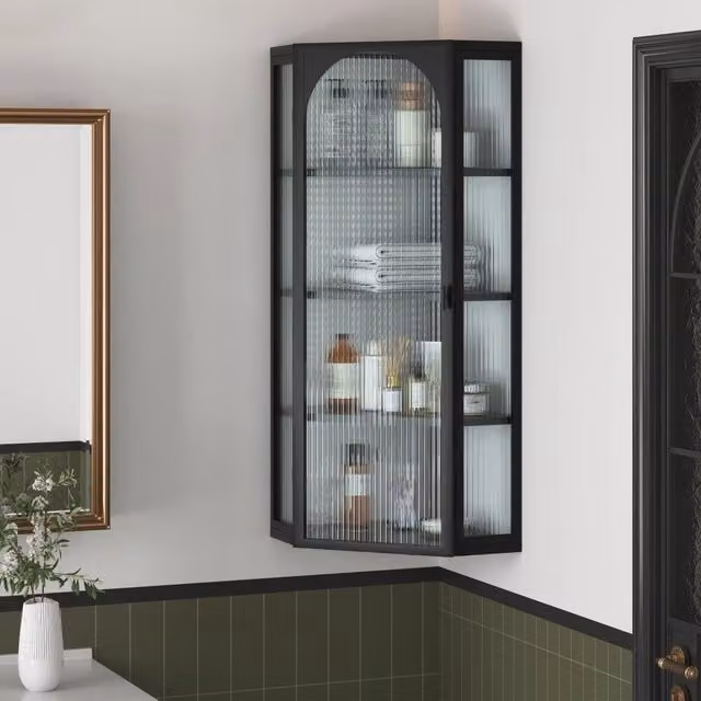 Mobile pensile 56x40x105 cm a quattro ripiani in metallo e vetro temperato nero