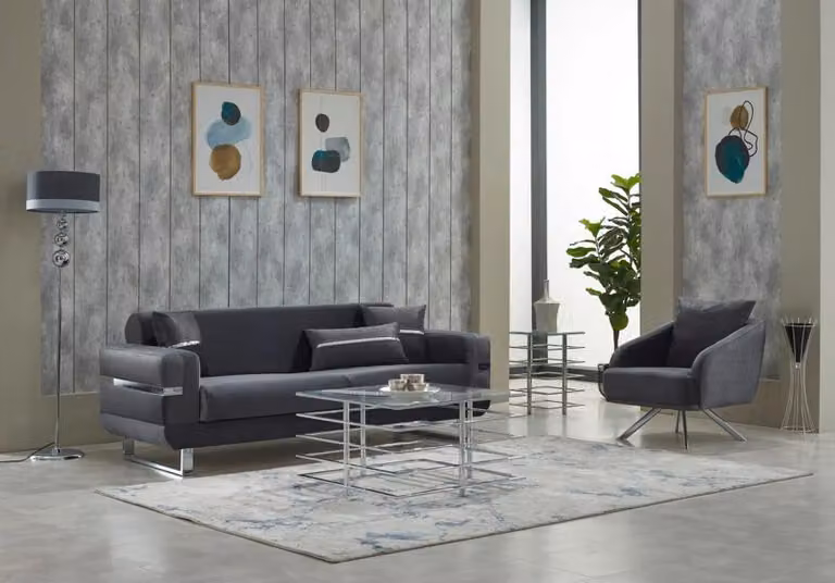 Garnitur Dreisitzer Sofa Stoffsofa Polstersofa Grau Sessel 2tlg Couch
