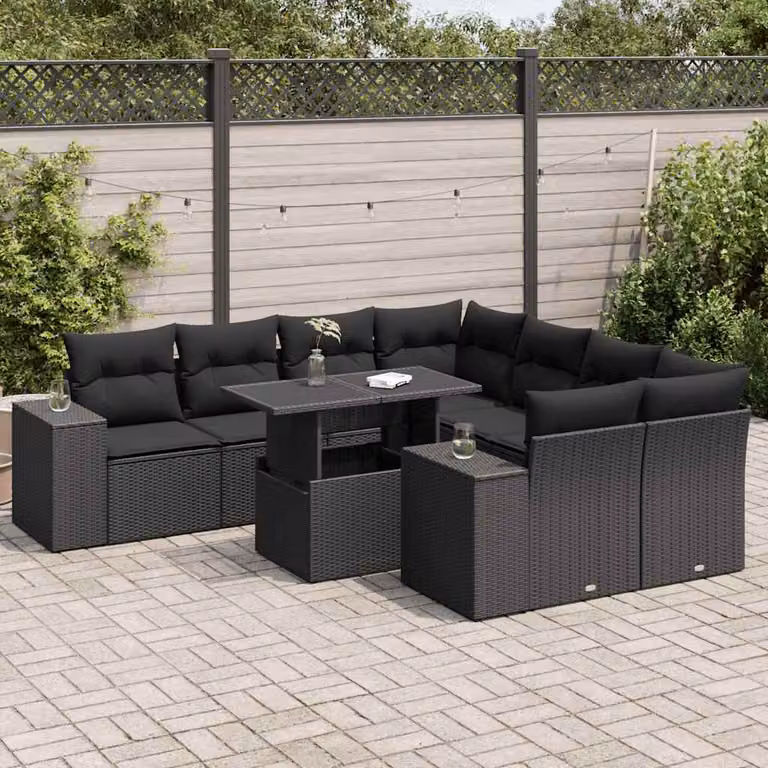 Set Divani da Giardino vidaXL 9 pz in Polyrattan Nero con Cuscini e Tavolino da Caffè