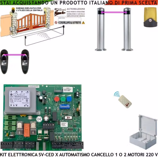 Centrale Elettronica Securvera per Cancello a 2 Ante 220 V con Radiocomando, 2 Coppie di Fotocellule e Paline Temporizzate con Forza e Fine Corsa Regolabili
