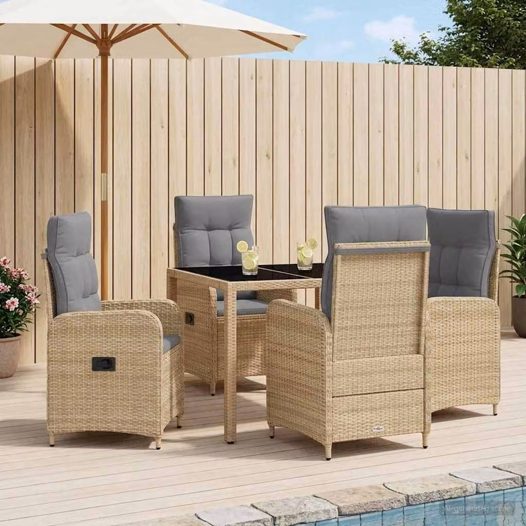 Set da pranzo per esterni vidaXL in polyrattan da 5 pezzi con tavolo in vetro, Beige e Grigio Chiaro