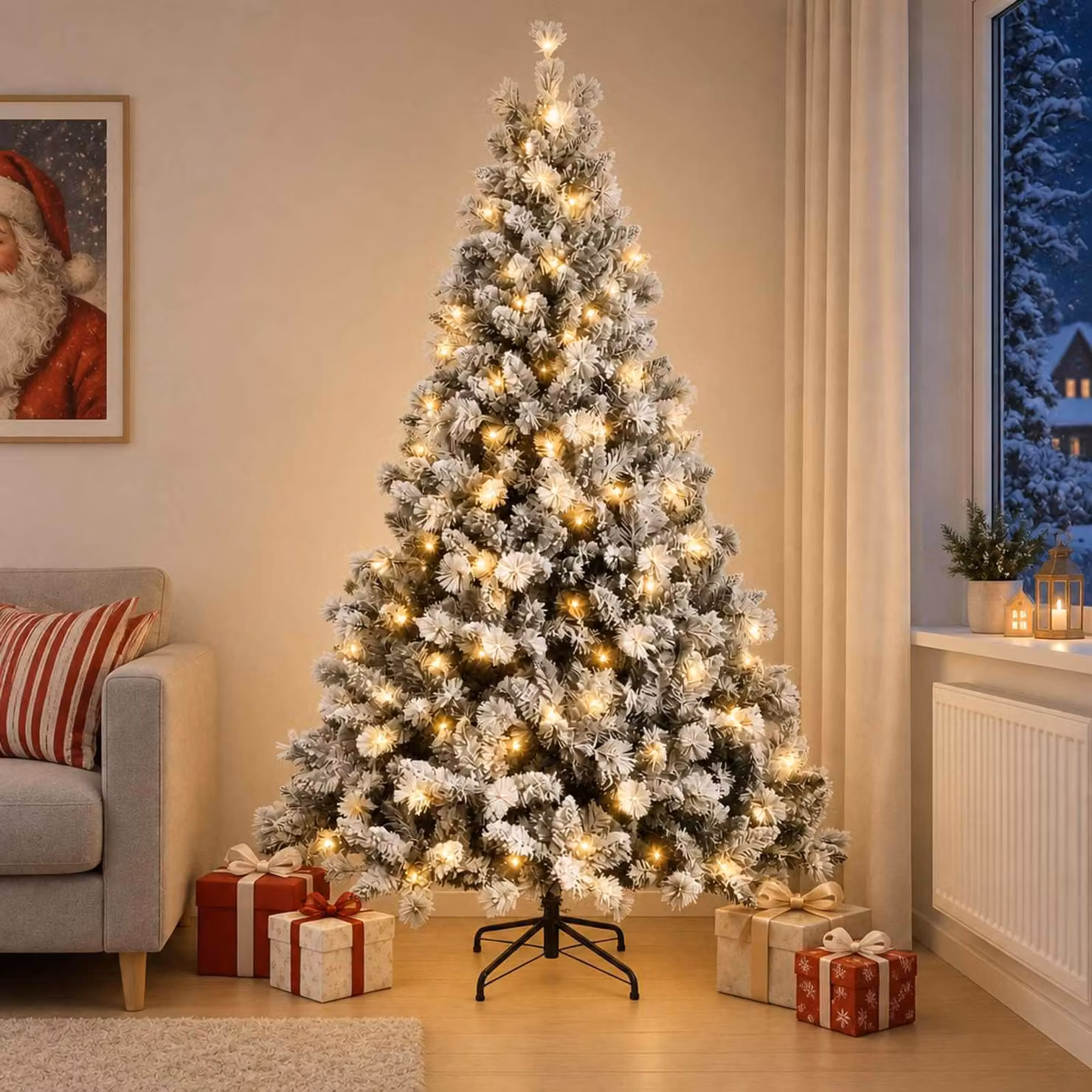 Albero di Natale artificiale pieghevole, altezza 180 cm, con 300 luci a LED