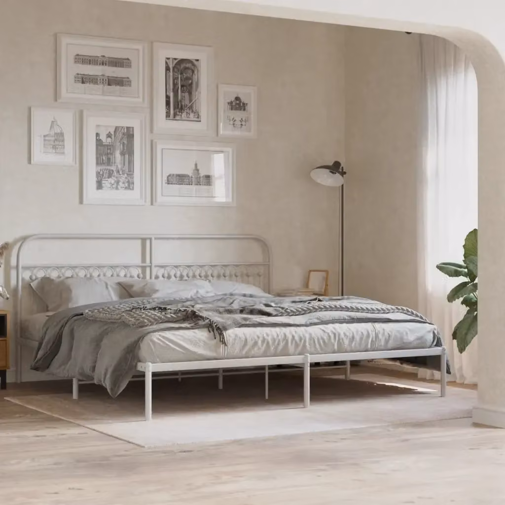 Letto matrimoniale per adulti con giroletto e testiera in metallo bianco L: 193 cm, P: 203 cm – 2