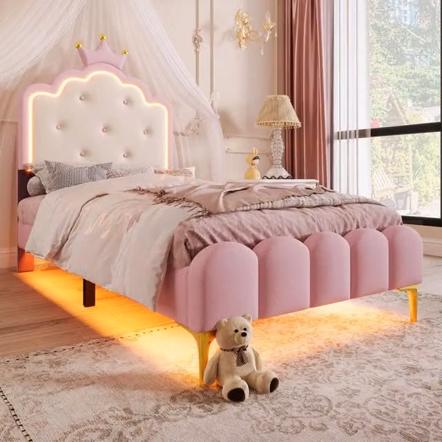 Letto singolo Princess Crown 90x200cm con listelli e luce ambientale in rosa