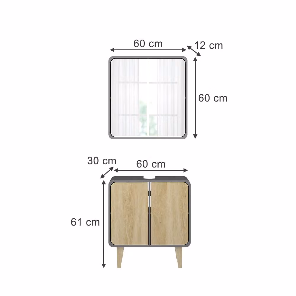 Set di mobili da bagno Vicco Arla composto da mobile lavabo e pensile con specchio, colore Antracite e Rovere, sospeso, L: 60 cm, P: 30 cm, H: 61 cm – 2