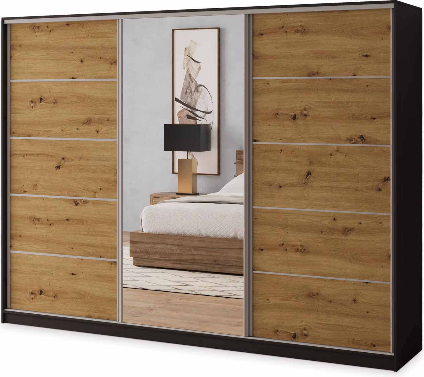 Armadio scorrevole Masseno NATA 270/205/58 cm Armadio con 4 cassetti Armadio per camera da letto a 3 ante con specchio Nero / Rovere Artisan