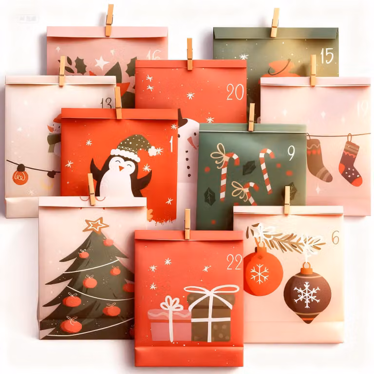 Calendario dell'Avvento da riempire, 24 sacchetti, carta kraft, corda di iuta, graffette di legno