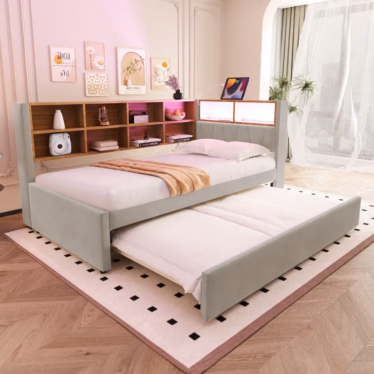 MODFU Divano letto 90×200 cm, Divano letto multifunzionale, Letto singolo, Con luci LED, Cassetti e numerosi vani portaoggetti, Senza materasso, Grigio chiaro